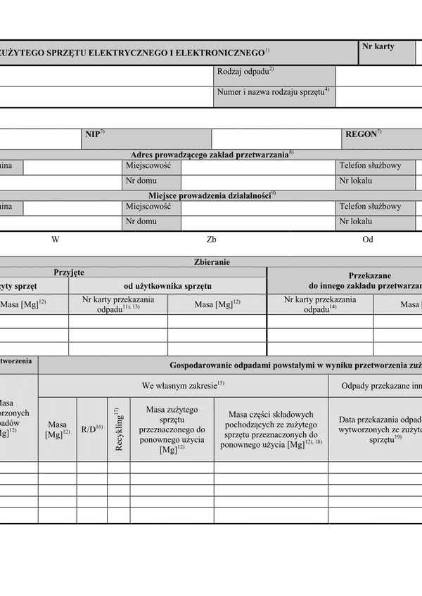 KEZS (archiwalny) Karta ewidencji zużytego sprzętu elektrycznego i elektronicznego