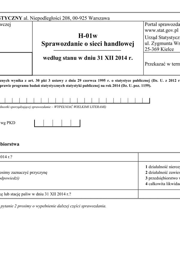 GUS H-01w (2014) (archiwalny) Sprawozdanie o sieci handlowej według stanu w dniu 31 XII 2014 r.