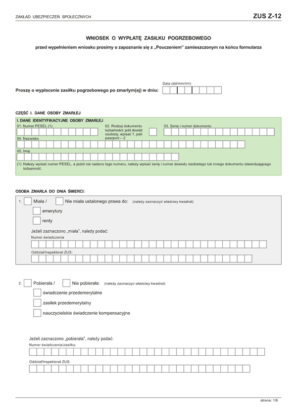 ZUS Z-12 (archiwalny) (od 2015) Wniosek o wypłatę zasiłku pogrzebowego