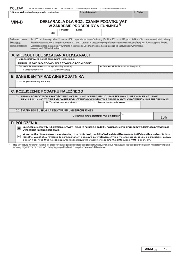 VIN-D (1) (archiwalny) Deklaracja dla rozliczania podatku VAT w zakresie procedury nieunijnej (OSS)