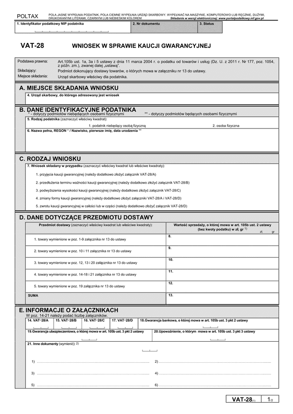 VAT-28 (1) (archiwalny) Wniosek w sprawie kaucji gwarancyjnej