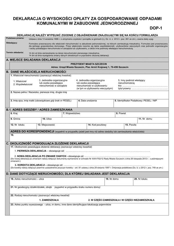 DOP-1 (2014)  Deklaracja o wysokości opłaty za gospodarowanie odpadami komunalnymi w zabudowie jednorodzinnej - Szczecin