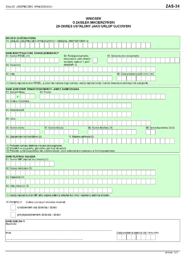 ZUS ZAS-34 (archiwalny) Wniosek o zasiłek macierzyński za okres ustalony jako urlop ojcowski