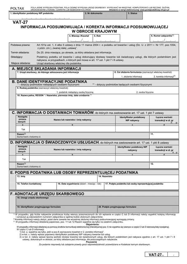 VAT-27 (1) (archiwalny) (miesięczna) Informacja podsumowująca / korekta informacji podsumowującej w obrocie krajowym