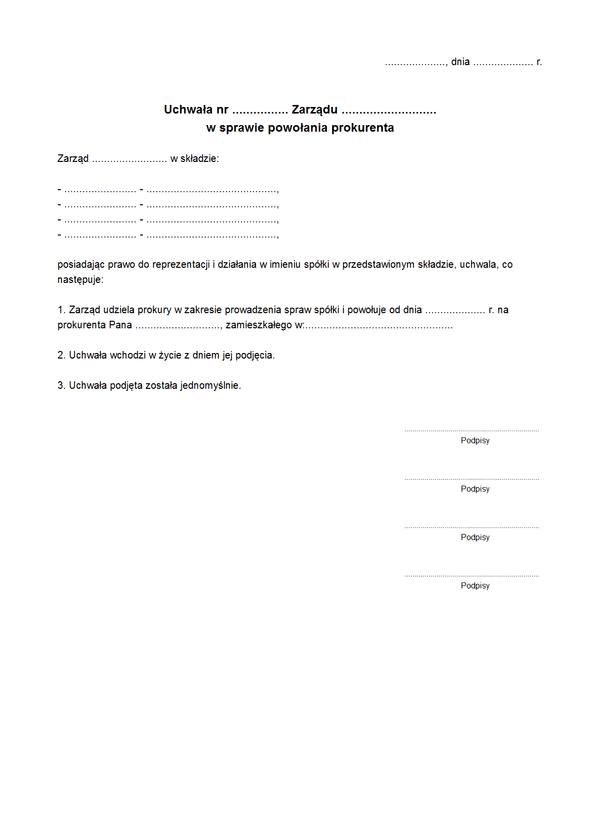 UZSPP Uchwała zarządu spółki z ograniczoną odpowiedzialnością w sprawie powołania prokurenta