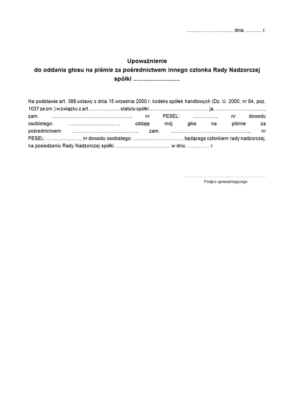 UdGPRN Upoważnienie do głosowania na posiedzeniu Rady Nadzorczej