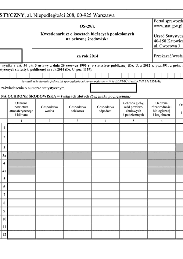 GUS OS-29/k (2014) (archiwalny) Kwestionariusz o kosztach bieżących poniesionych na ochronę środowiska za rok 2014