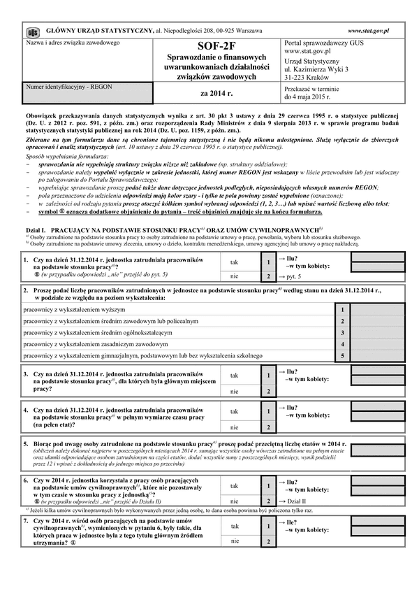 GUS SOF-2F (2014) (archiwalny) Sprawozdanie o finansowych uwarunkowaniach działalności związków zawodowych za rok 2014