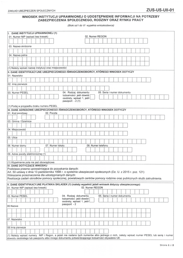 ZUS-US-UII-01 (archiwalny) Wniosek instytucji uprawnionej z prośbą o udostępnienie informacji na potrzeby zabezpieczenia społecznego, rodziny oraz rynku pracy