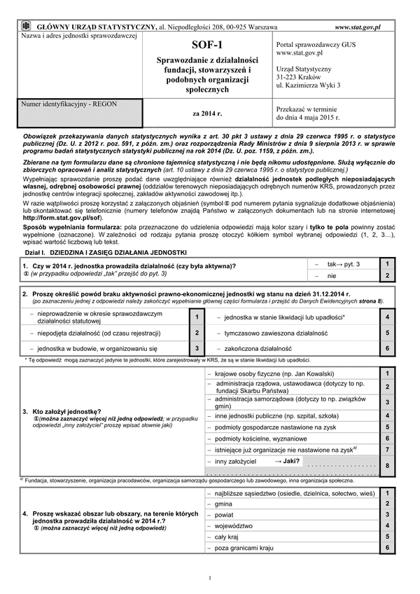 GUS SOF-1 (archiwalny) (2014) Sprawozdanie z działalności fundacji, stowarzyszeń i podobnych organizacji społecznych za rok 2014