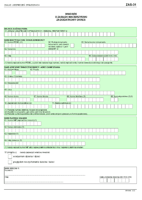 ZUS ZAS-31 (archiwalny) Wniosek o zasiłek macierzyński za dodatkowy okres