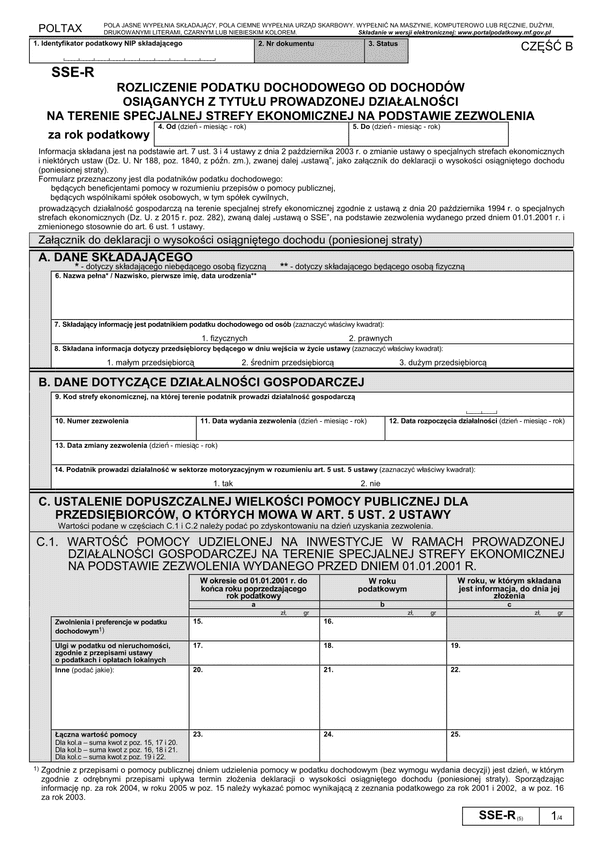 SSE-R (5) Rozliczenie podatku dochodowego od dochodów osiąganych z tytułu prowadzonej działalności na terenie specjalnej strefy ekonomicznej na podstawie zezwolenia