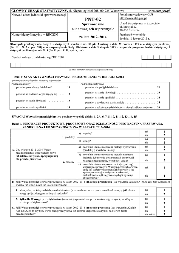 GUS PNT-02 (archiwalny) (2012-2014) Sprawozdanie o innowacjach w przemyśle za lata 2012–2014