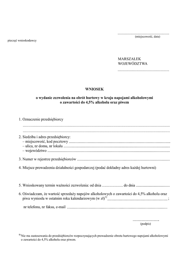 WwznA Wniosek o wydanie zezwolenia na obrót hurtowy w kraju napojami alkoholowymi o zawartości do 4,5% alkoholu oraz piwem