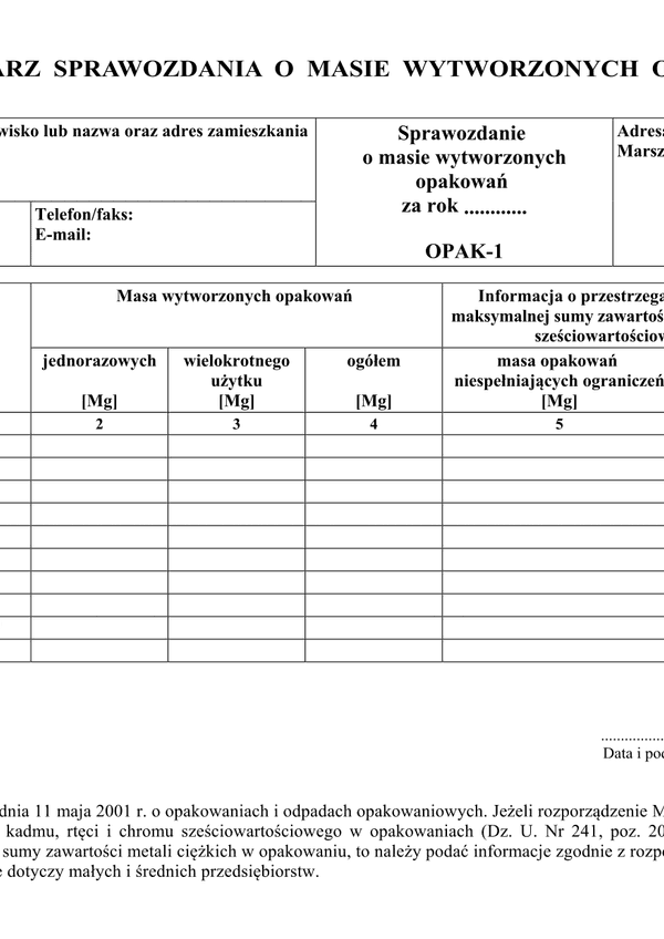 OPAK-1 (archiwalny) Formularz sprawozdania o masie wytworzonych opakowań