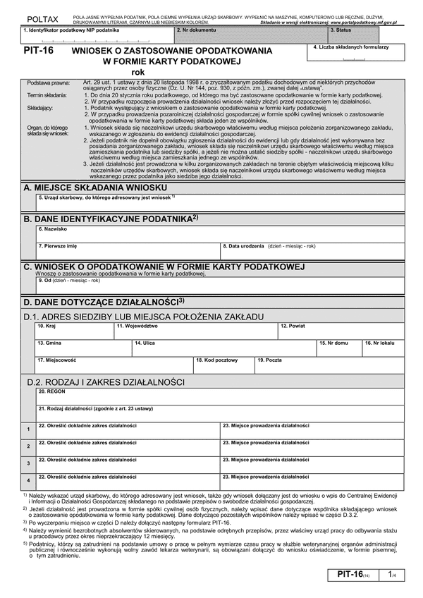 PIT-16 (14) (archiwalny) (2016 - 2018) Wniosek o zastosowanie opodatkowania w formie karty podatkowej