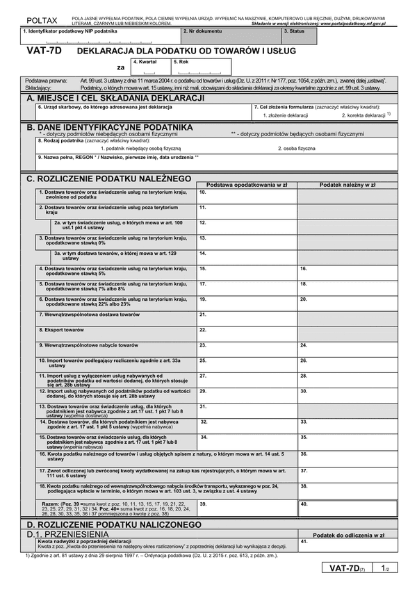 VAT-7D (7) (archiwalny) Deklaracja dla podatku od towarów i usług