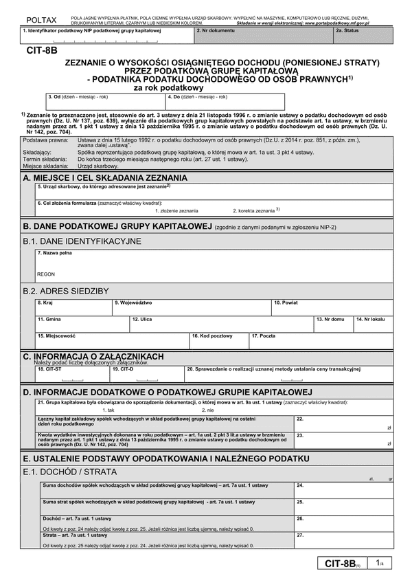 CIT-8B (9) (archiwalny) Zeznanie o wysokości osiągniętego dochodu (poniesionej straty) przez podatkową grupę kapitałową - podatnika podatku dochodowego od osób prawnych