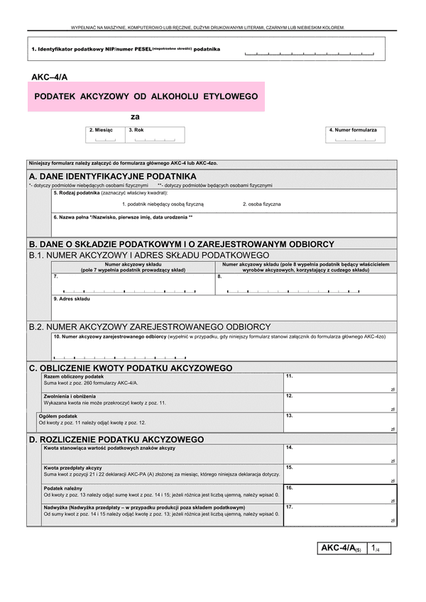 AKC-4/A (5) (archiwalny) Podatek akcyzowy od alkoholu etylowego