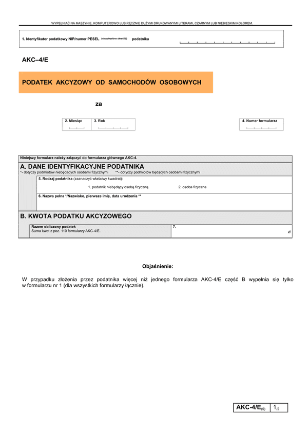 AKC–4/E (5) (archiwalny) Podatek akcyzowy od samochodów osobowych