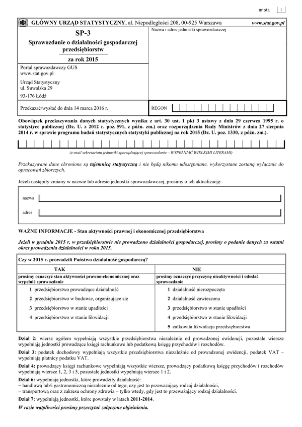 GUS SP-3 (2015) (archiwalny) Sprawozdanie o działalności gospodarczej przedsiębiorstw za rok 2015