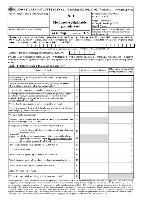 GUS DG-1 (2016) (archiwalny) Meldunek o działalności gospodarczej