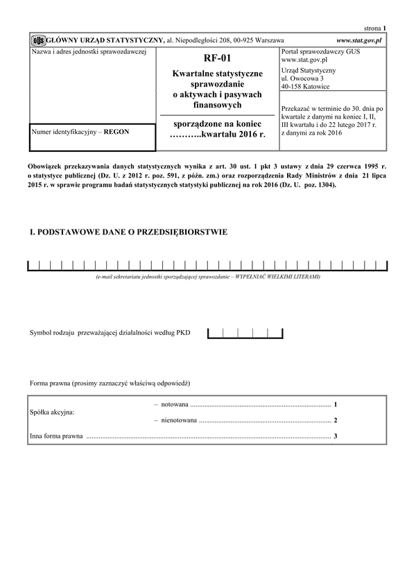 GUS RF-01 (2016) (archiwalny) Kwartalne statystyczne sprawozdanie o aktywach i pasywach finansowych