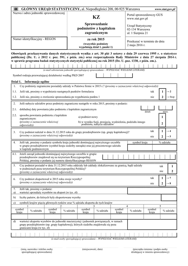 GUS KZ (2015) (archiwalny) Sprawozdanie podmiotów z kapitałem zagranicznym za rok 2015