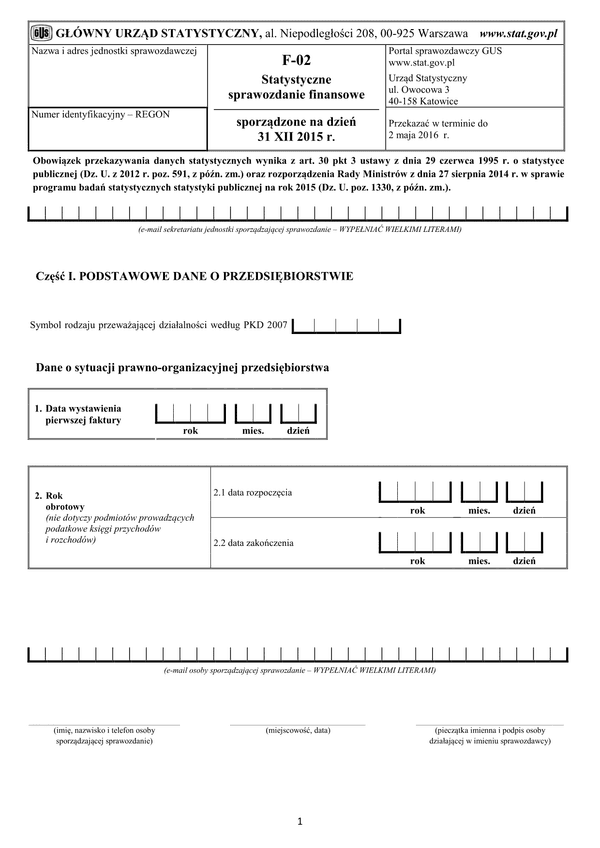 GUS F-02 (2015) (archiwalny) Statystyczne sprawozdanie finansowe sporządzone na dzień 31 XII 2015 r.