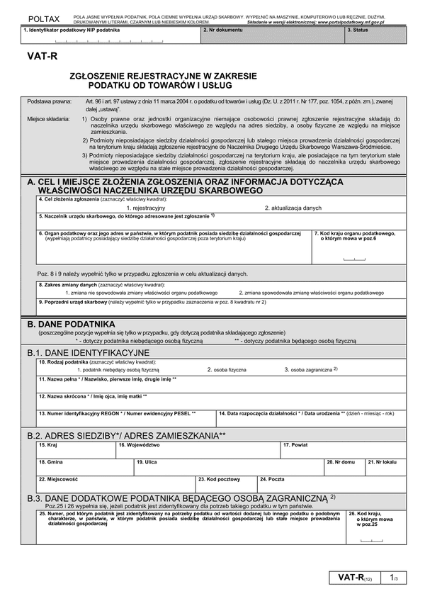 VAT-R (12) (archiwalny) Zgłoszenie rejestracyjne w zakresie podatku od towarów i usług