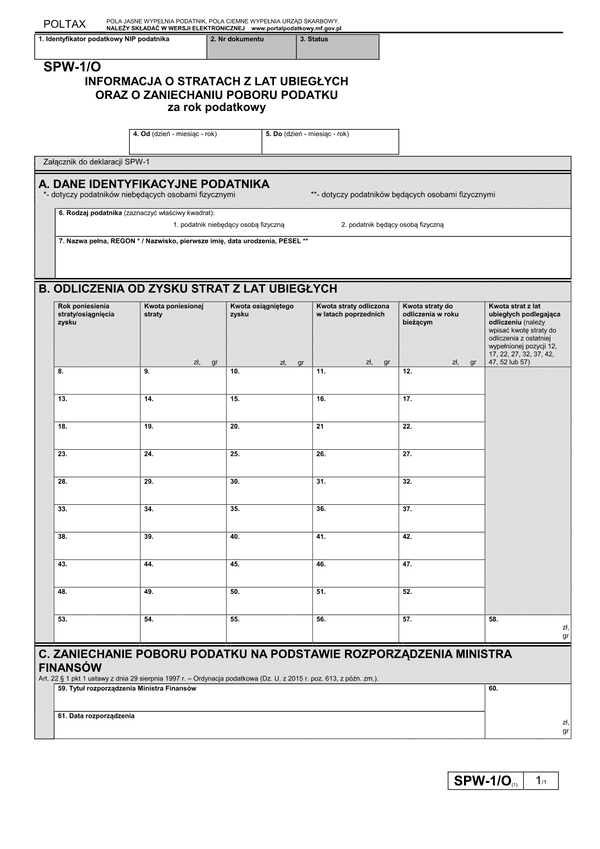 SPW-1/O (1) Informacja o stratach z lat ubiegłych oraz o zaniechaniu poboru podatku