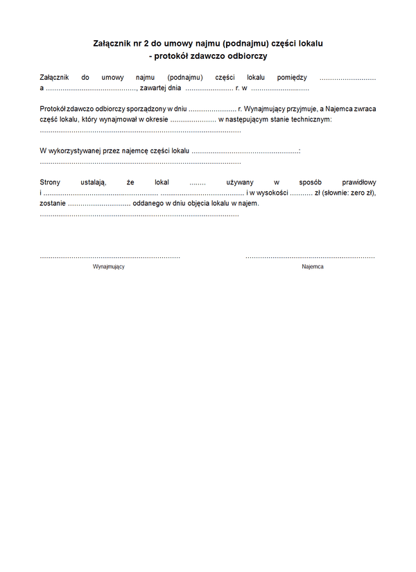 UpcLZ-2 Załącznik nr 2 do umowy najmu (podnajmu) części lokalu - protokół zdawczo odbiorczy
