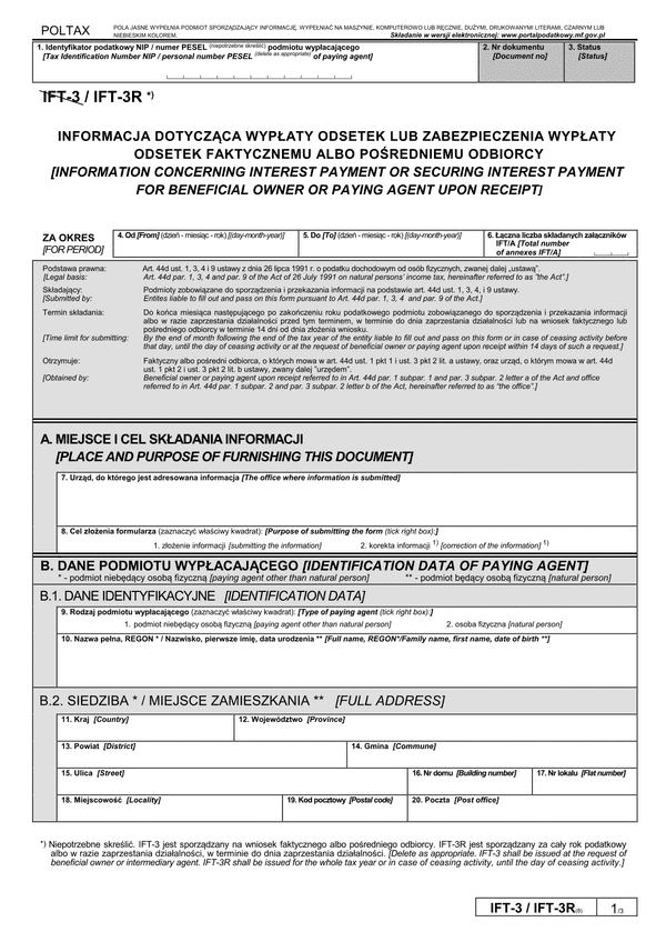 IFT-3R (8) (archiwalny) (2016-2019) Informacja dotycząca wypłaty odsetek lub zabezpieczenia wypłaty odsetek faktycznemu albo pośredniemu odbiorcy