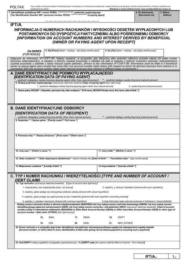 IFT/A (6) (archiwalny) (2016-2019) Informacja o numerach rachunków i wysokości odsetek wypłaconych lub postawionych do dyspozycji faktycznemu albo pośredniemu odbiorcy