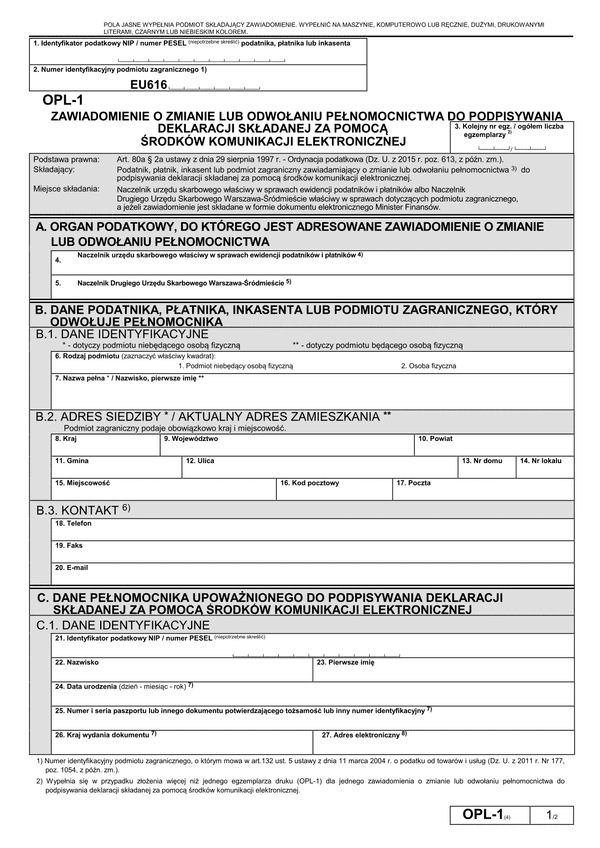 OPL-1 (4) (archiwalny) (od 2016) Zawiadomienie o odwołaniu pełnomocnictwa do podpisywania deklaracji składanej za pomocą środków komunikacji elektronicznej