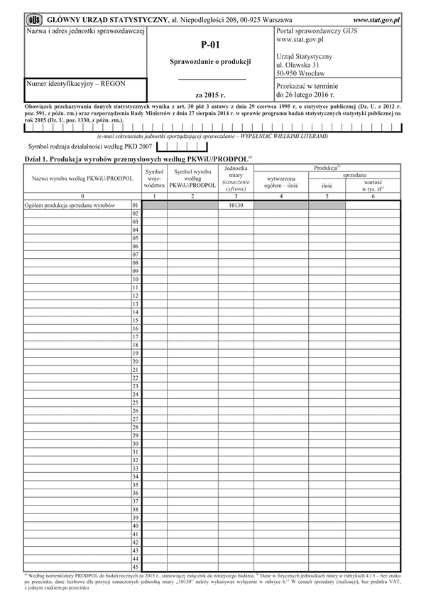 GUS P-01 (2015) (archiwalny) Sprawozdanie o produkcji za 2015 rok