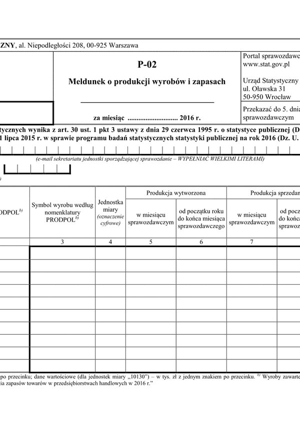GUS P-02 (2016) (archiwalny) Meldunek o produkcji wyrobów i zapasach