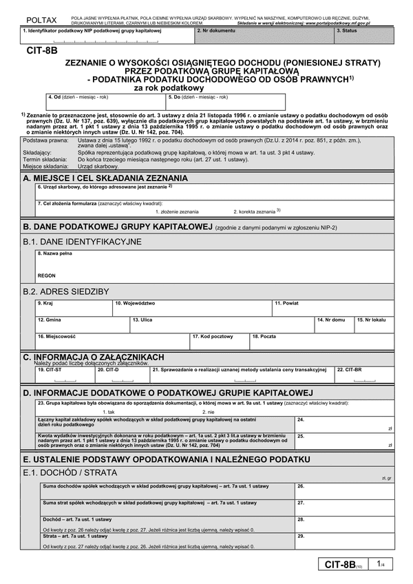 CIT-8B (10) (archiwalny) Zeznanie o wysokości osiągniętego dochodu (poniesionej straty) przez podatkową grupę kapitałową - podatnika podatku dochodowego od osób prawnych