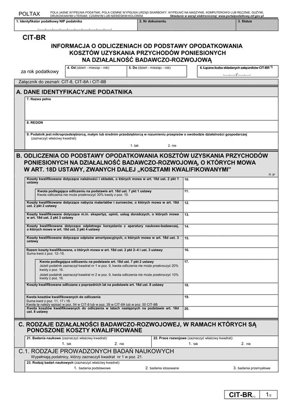 CIT-BR (1) (archiwalny) Informacja o odliczeniach od podstawy opodatkowania kosztów kwalifikowanych