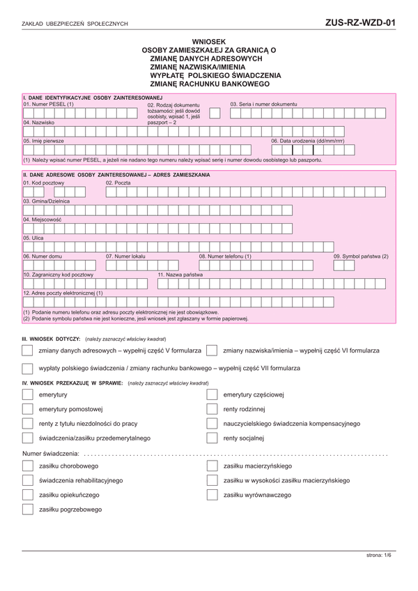 ZUS-RZ-WZD-01 (archiwalny) Wniosek osoby zamieszkałej za granicą o zmianę danych adresowych/nazwiska/imienia