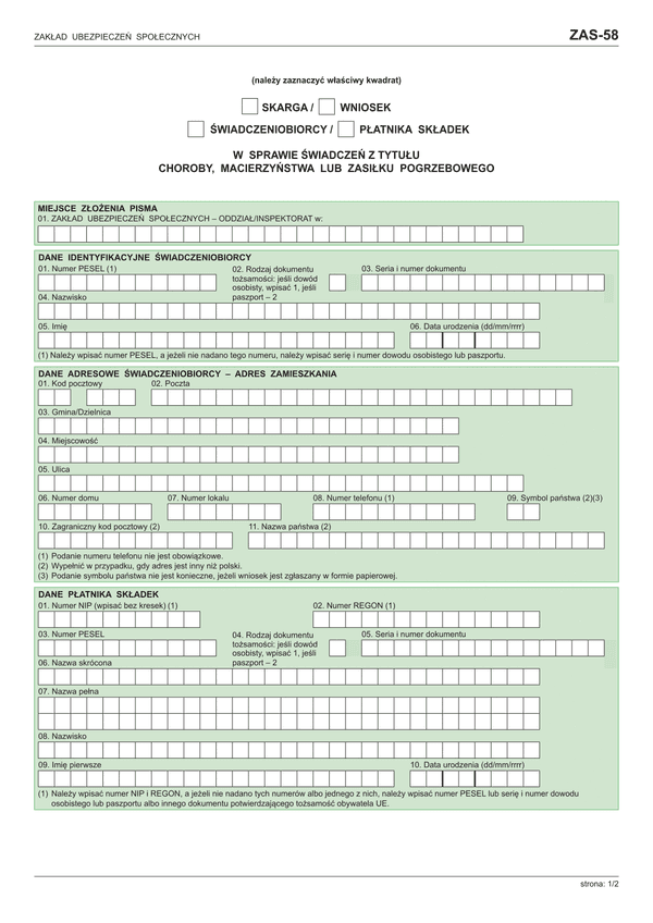 ZUS ZAS-58 (archiwalny) Skarga/Wniosek świadczeniobiorcy/płatnika składek w sprawie świadczeń z tytułu choroby, macierzyństwa lub zasiłku pogrzebowego