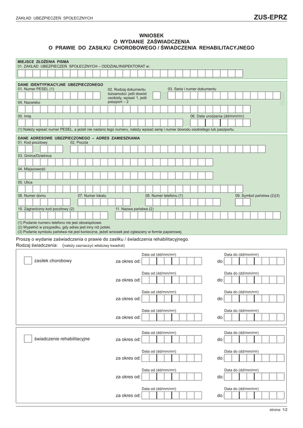 ZUS-EPRZ (archiwalny) Wniosek o wydanie zaświadczenia o prawie do zasiłku chorobowego / świadczenia rehabilitacyjnego