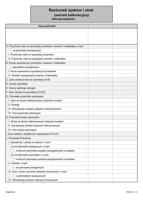 RZiS (K) (archiwalny) Rachunek zysków i strat (wariant kalkulacyjny)