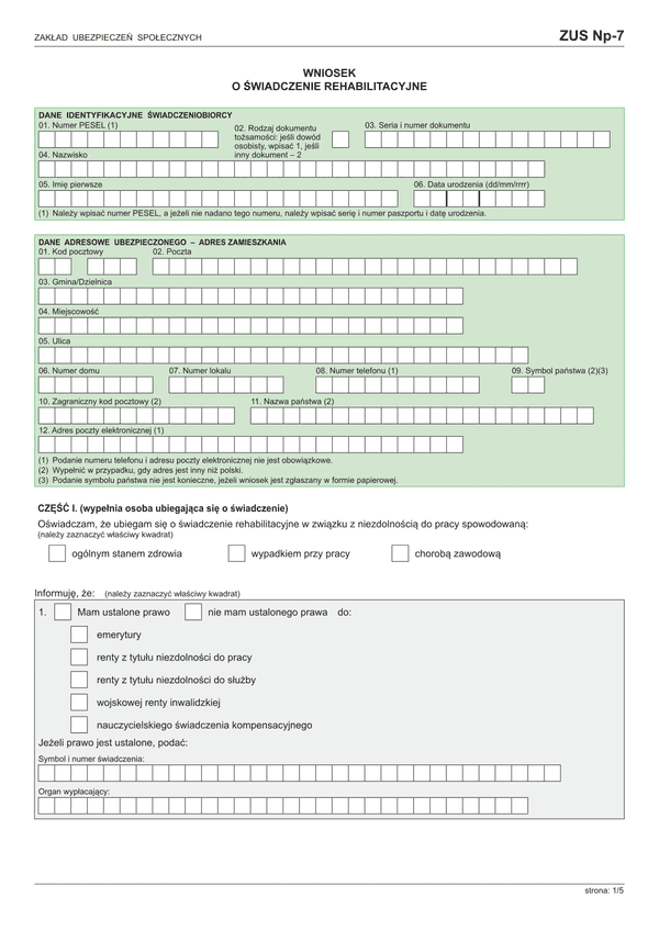 ZUS NP-7  (archiwalny) Oświadczenie do celów świadczenia rehabilitacyjnego (od 2016)