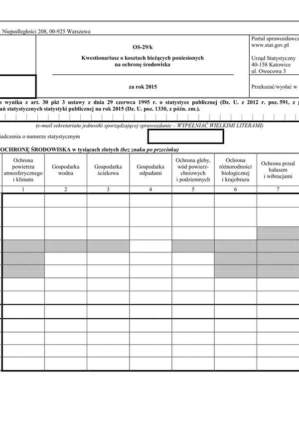 GUS OS-29/k (2015) (archiwalny) Kwestionariusz o kosztach bieżących poniesionych na ochronę środowiska za rok 2015