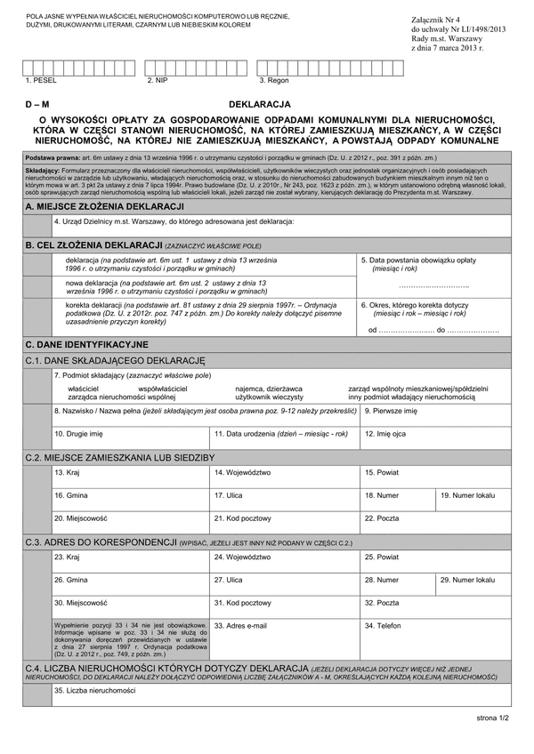 D - M (archiwalny) Deklaracja o wysokości opłaty za gospodarowanie odpadami komunalnymi, która w części stanowi nieruchomość zamieszkałą, a w części nieruchomość niezamieszkałą - Warszawa