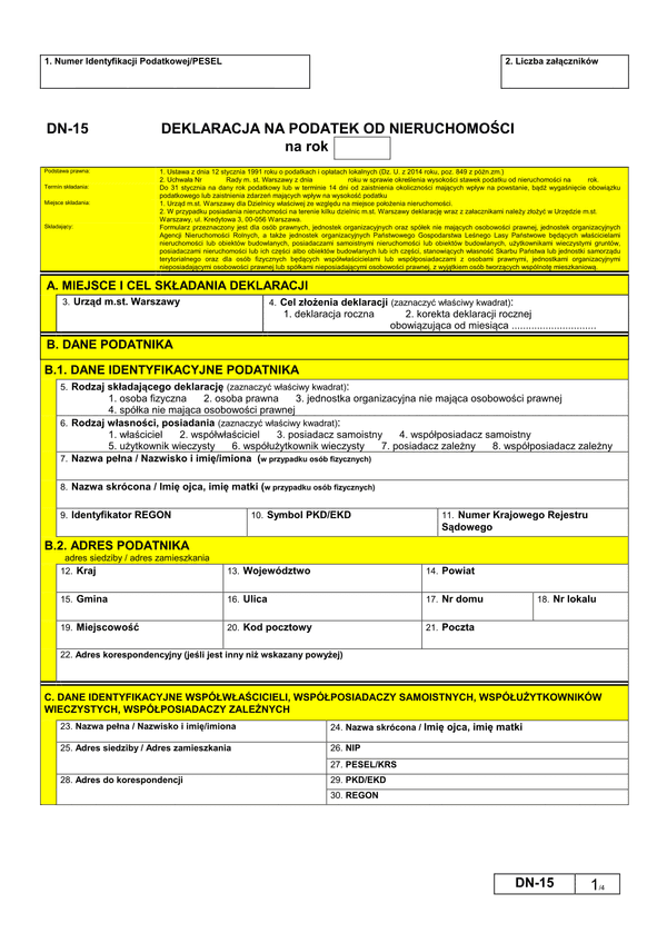 DN-15 (archiwalny) Deklaracja na podatek od nieruchomości - Warszawa