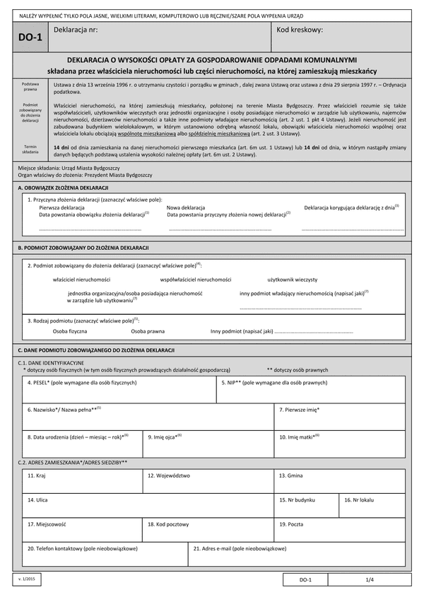 DO-1 B (3) (archiwalny) Deklaracja o wysokości opłaty za gospodarowanie odpadami komunalnymi nieruchomość zamieszkała - Bydgoszcz