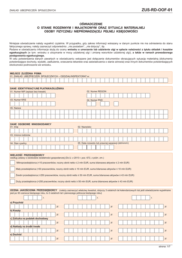 ZUS-RD-OOF-01 (archiwalny) Oświadczenie o stanie rodzinnym i majątkowym oraz sytuacji materialnej osoby fizycznej nie prowadzącej pełnej księgowości