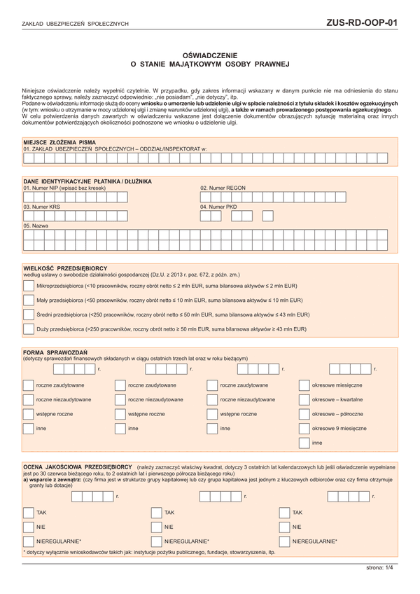 ZUS-RD-OOP-01 (archiwalny) Oświadczenie o stanie majątkowym osoby prawnej